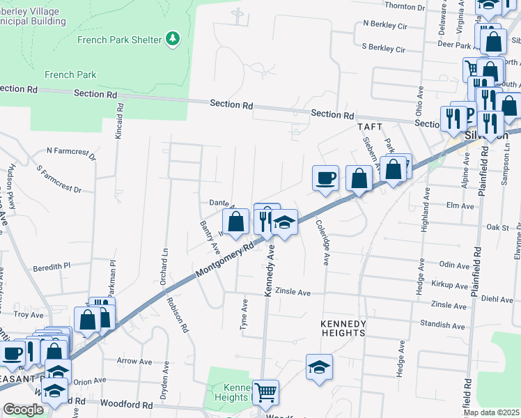 map of restaurants, bars, coffee shops, grocery stores, and more near 6622 Iris Avenue in Cincinnati