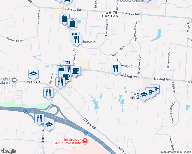 map of restaurants, bars, coffee shops, grocery stores, and more near 3375 North Bend Road in Cincinnati