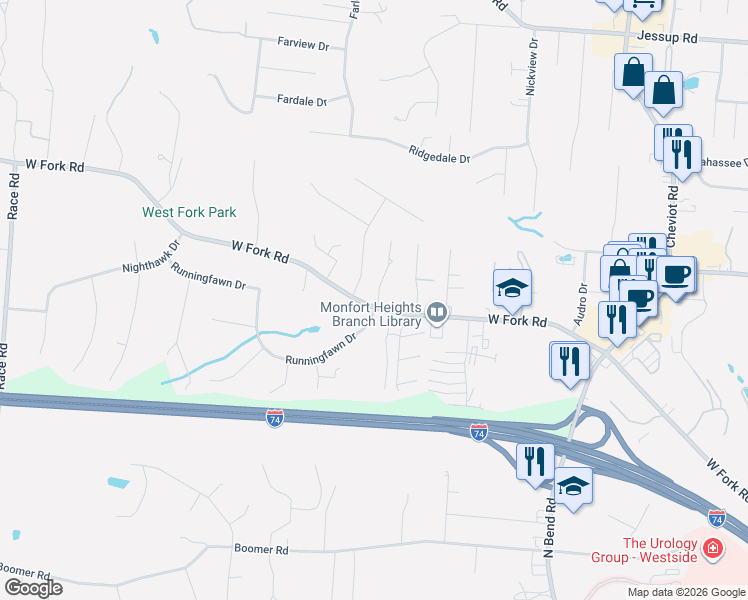 map of restaurants, bars, coffee shops, grocery stores, and more near 5416 Northpoint Drive in Cincinnati