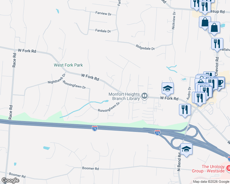 map of restaurants, bars, coffee shops, grocery stores, and more near 4220 West Fork Road in Cincinnati