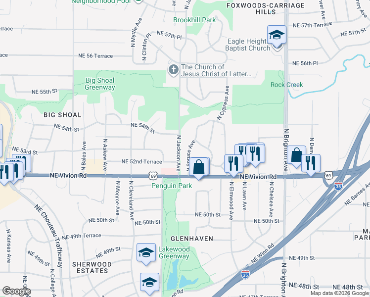 map of restaurants, bars, coffee shops, grocery stores, and more near 5319 North Jackson Avenue in Kansas City