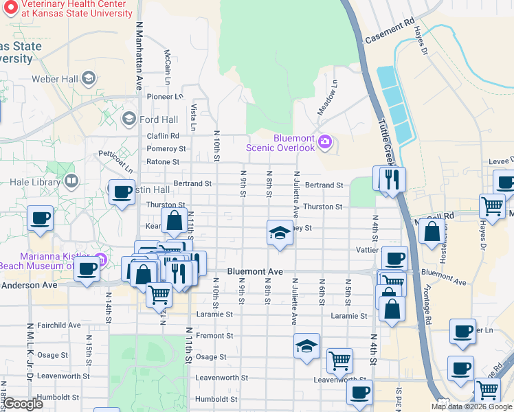 map of restaurants, bars, coffee shops, grocery stores, and more near 1121 North 8th Street in Manhattan