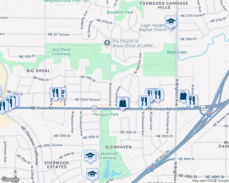 map of restaurants, bars, coffee shops, grocery stores, and more near 5319 North Jackson Avenue in Kansas City