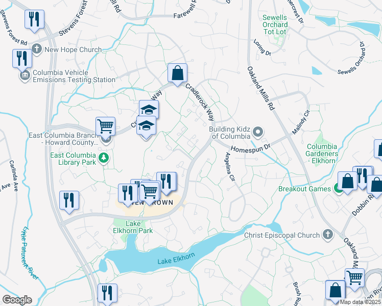 map of restaurants, bars, coffee shops, grocery stores, and more near 7115 Talisman Lane in Columbia