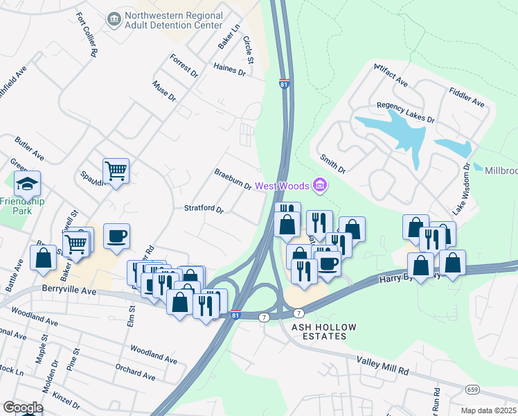 map of restaurants, bars, coffee shops, grocery stores, and more near 509 Chatham Square in Winchester