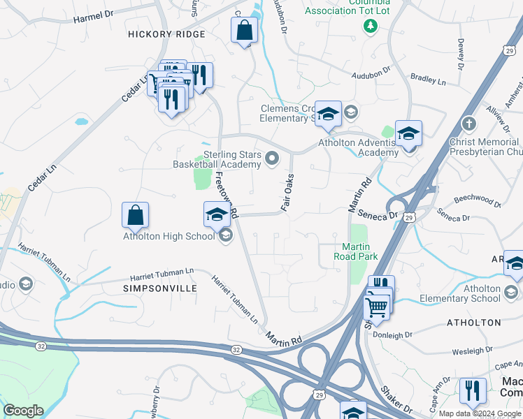 map of restaurants, bars, coffee shops, grocery stores, and more near 10478 Fair Oaks Drive in Columbia