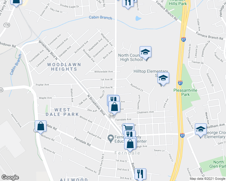 map of restaurants, bars, coffee shops, grocery stores, and more near 7142 Baltimore Annapolis Boulevard in Glen Burnie