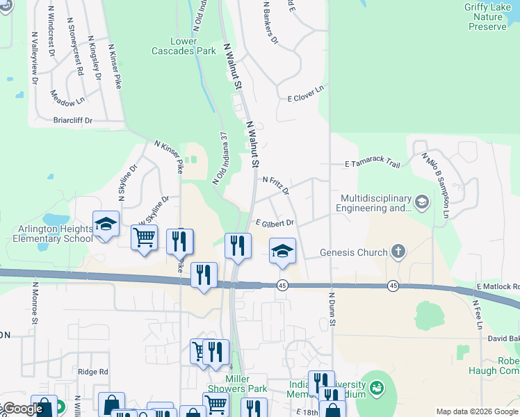 map of restaurants, bars, coffee shops, grocery stores, and more near 2503 North Walnut Street in Bloomington
