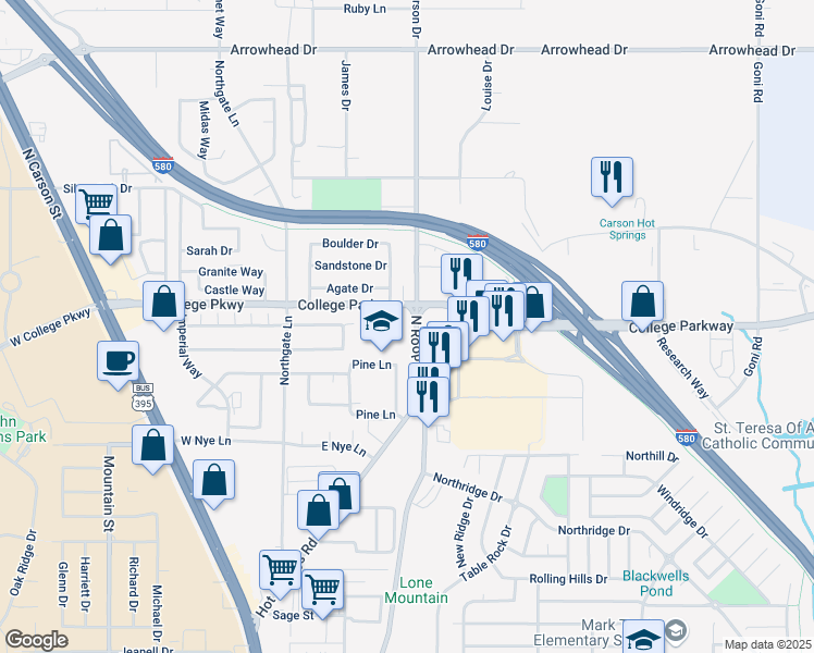 map of restaurants, bars, coffee shops, grocery stores, and more near 3470 North Roop Street in Carson City