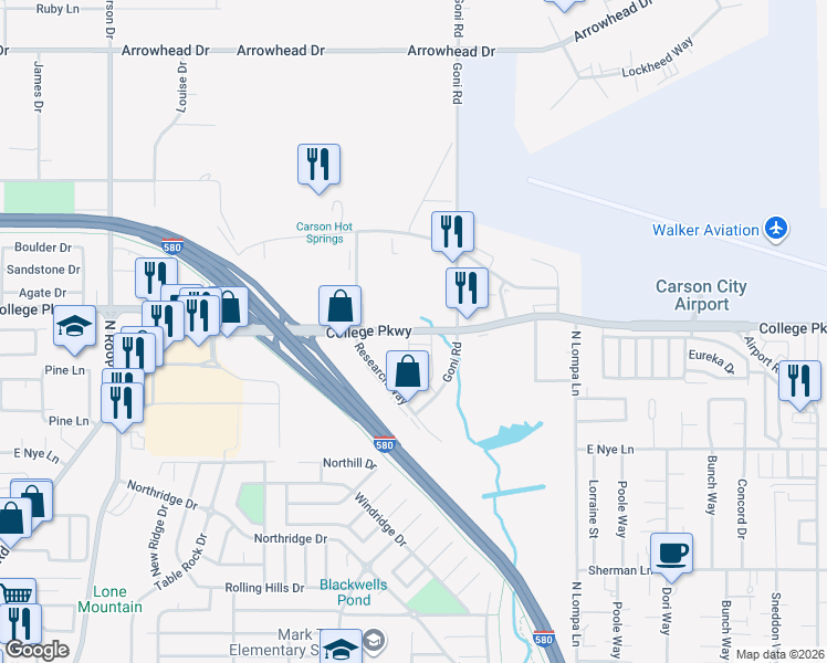 map of restaurants, bars, coffee shops, grocery stores, and more near 1717 East College Parkway in Carson City