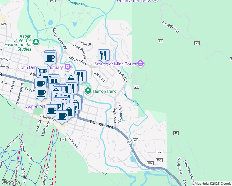map of restaurants, bars, coffee shops, grocery stores, and more near 1050 Matchless Drive in Aspen