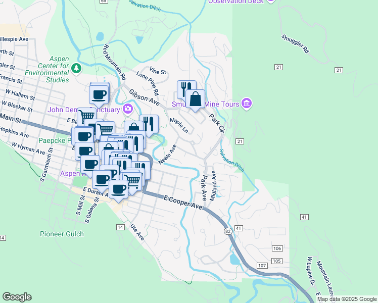 map of restaurants, bars, coffee shops, grocery stores, and more near 931 Gibson Avenue in Aspen