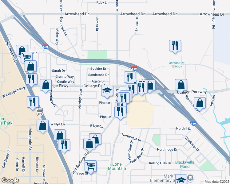 map of restaurants, bars, coffee shops, grocery stores, and more near 505 College Parkway in Carson City