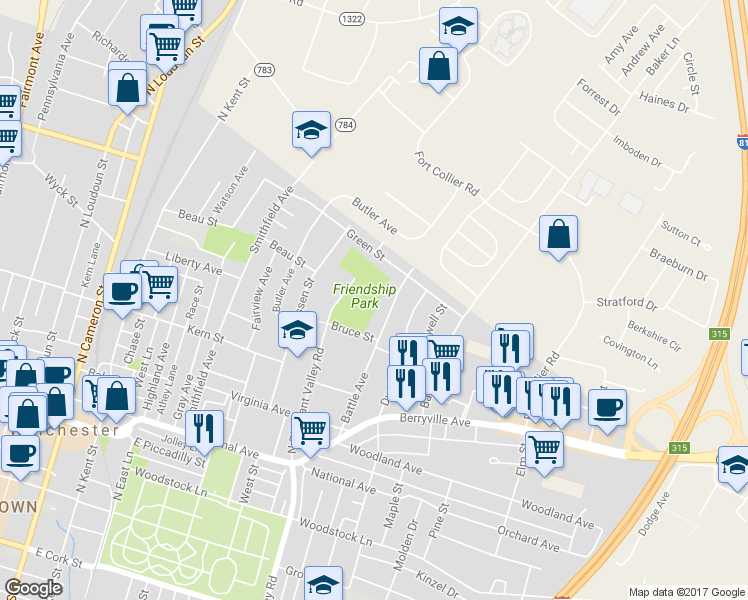 map of restaurants, bars, coffee shops, grocery stores, and more near in Winchester