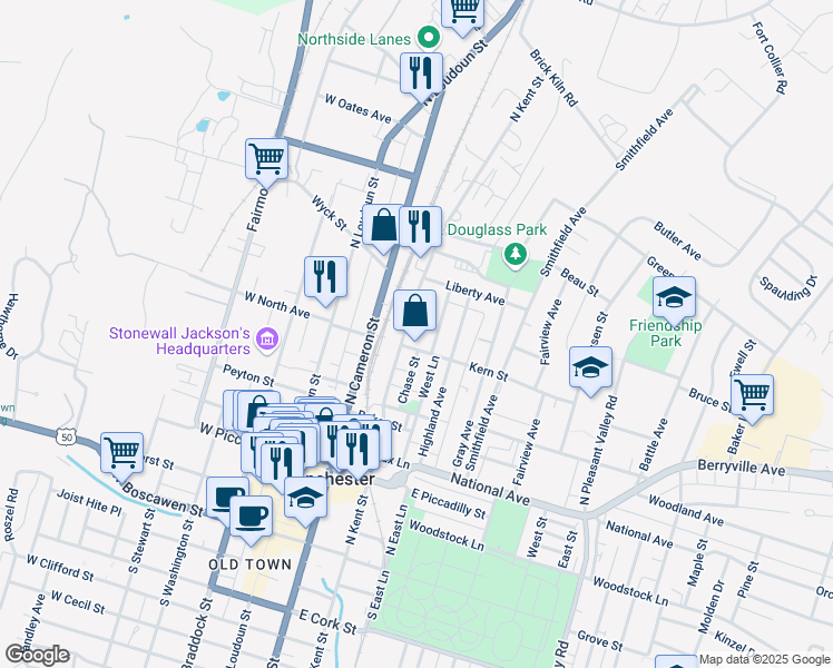 map of restaurants, bars, coffee shops, grocery stores, and more near 520 North Kent Street in Winchester