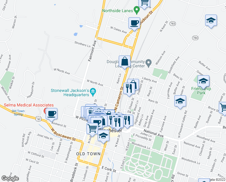 map of restaurants, bars, coffee shops, grocery stores, and more near 550 Virginia Avenue in Winchester