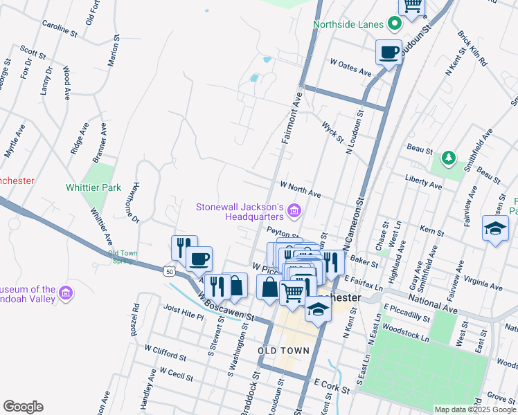 map of restaurants, bars, coffee shops, grocery stores, and more near 417 Fairmont Avenue in Winchester
