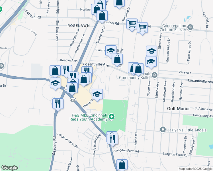 map of restaurants, bars, coffee shops, grocery stores, and more near 7131 Eastlawn Drive in Cincinnati