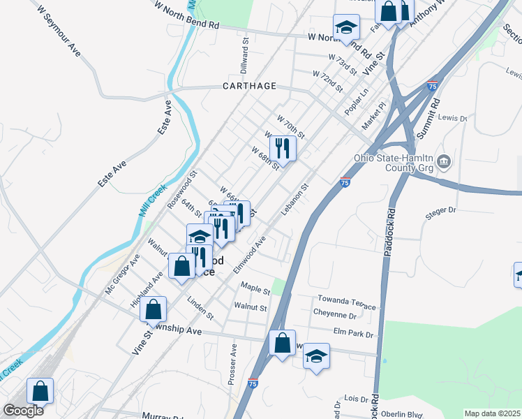 map of restaurants, bars, coffee shops, grocery stores, and more near 6613 Vine Street in Cincinnati