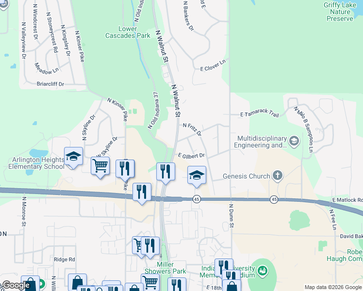map of restaurants, bars, coffee shops, grocery stores, and more near 2503 North Walnut Street in Bloomington