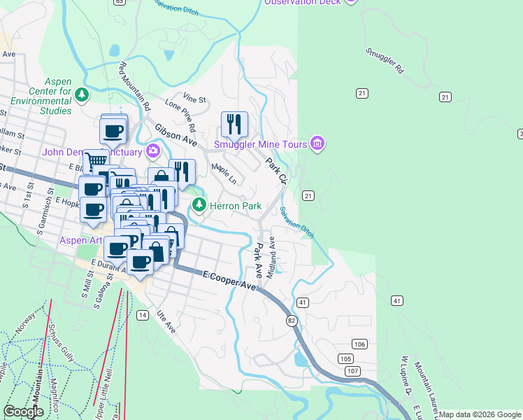 map of restaurants, bars, coffee shops, grocery stores, and more near 1050 Matchless Drive in Aspen