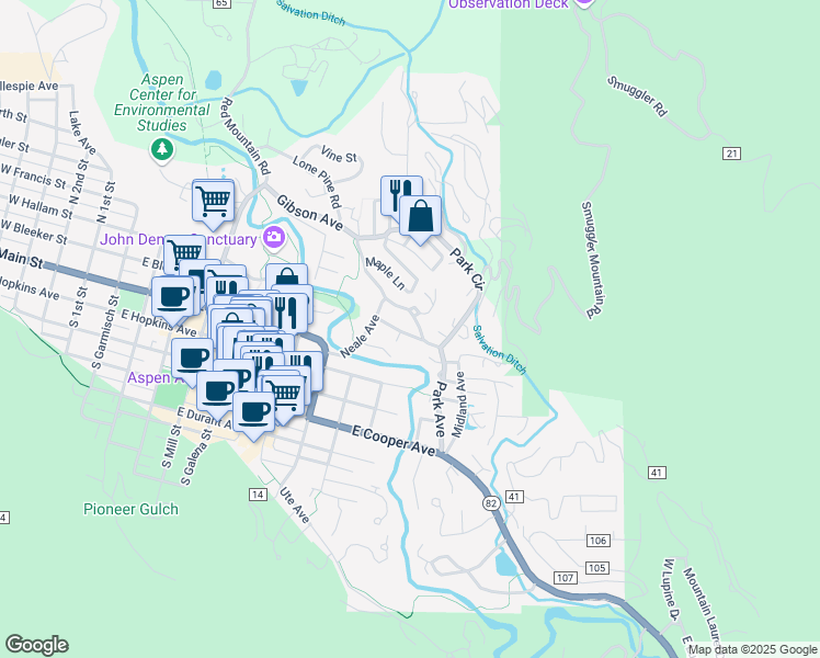 map of restaurants, bars, coffee shops, grocery stores, and more near 931 Gibson Avenue in Aspen
