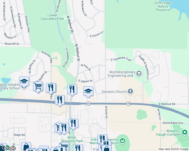 map of restaurants, bars, coffee shops, grocery stores, and more near 2410-2498 N Fritz Dr in Bloomington