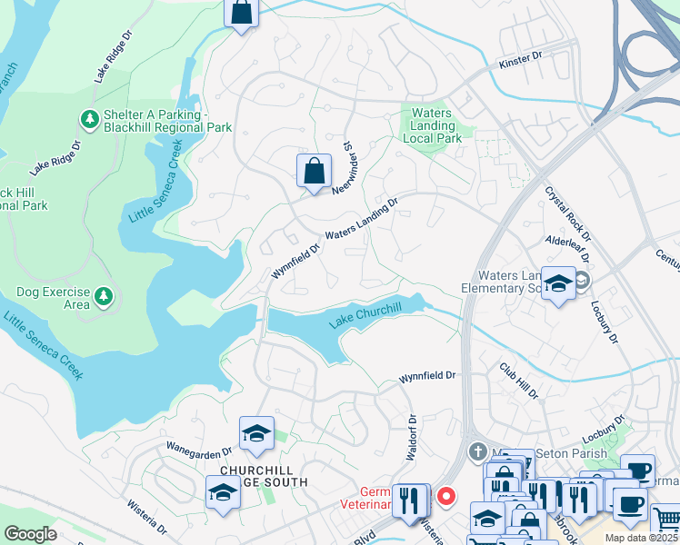 map of restaurants, bars, coffee shops, grocery stores, and more near 20425 Sunbright Lane in Germantown