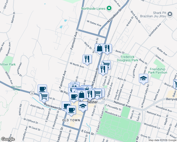 map of restaurants, bars, coffee shops, grocery stores, and more near 501 North Loudoun Street in Winchester