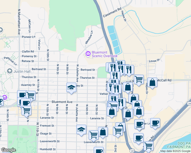 map of restaurants, bars, coffee shops, grocery stores, and more near 515 Bertrand Street in Manhattan