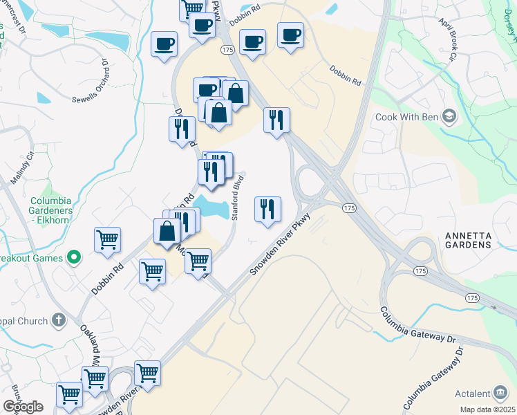 map of restaurants, bars, coffee shops, grocery stores, and more near 8830 Stanford Boulevard in Columbia