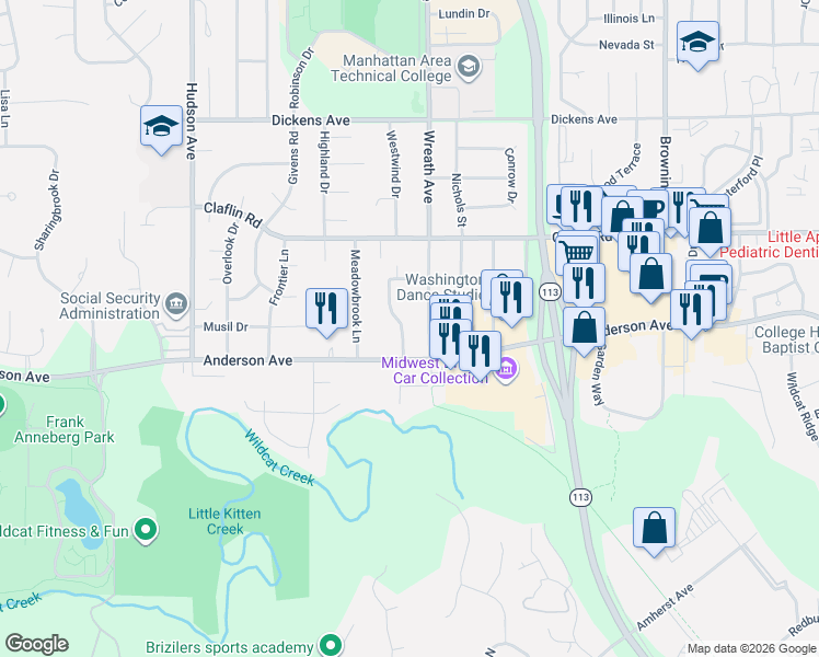 map of restaurants, bars, coffee shops, grocery stores, and more near 1113-1117 Village Drive in Manhattan