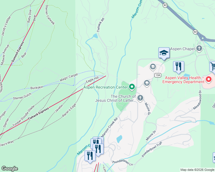 map of restaurants, bars, coffee shops, grocery stores, and more near 1162 Tiehack Rd in Aspen
