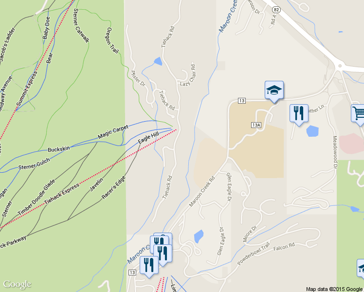 map of restaurants, bars, coffee shops, grocery stores, and more near 1162 Tiehack Road in Aspen