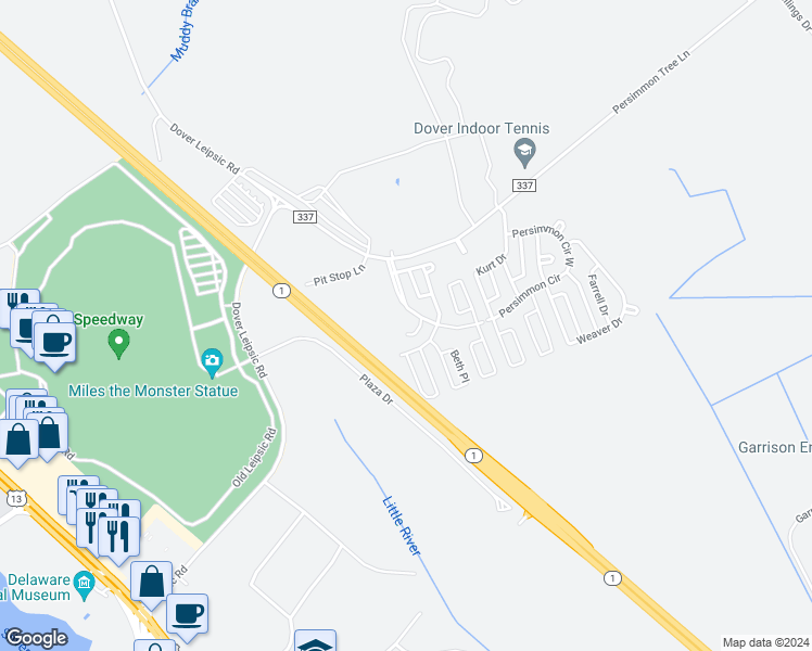 map of restaurants, bars, coffee shops, grocery stores, and more near 7 Carolyn Court in Dover