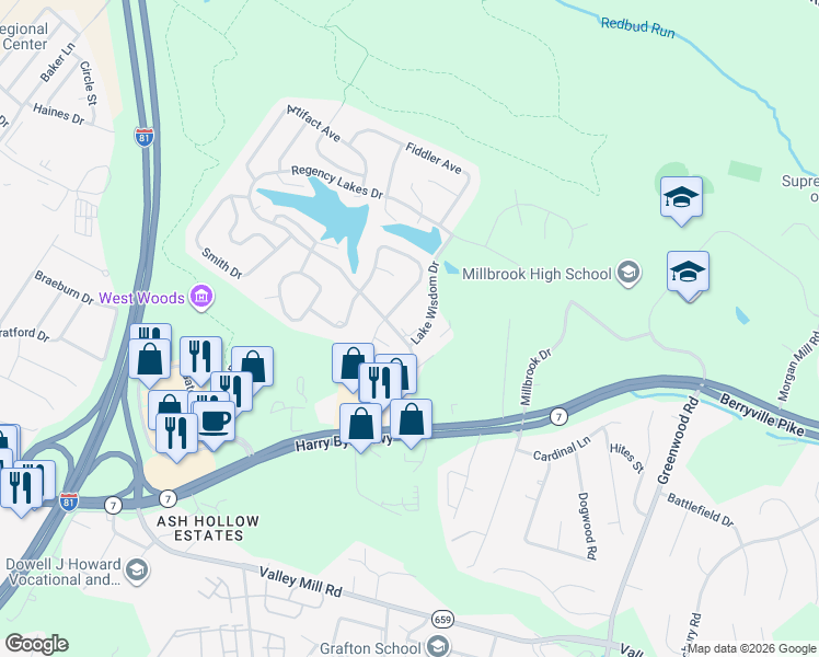 map of restaurants, bars, coffee shops, grocery stores, and more near 216 Regency Lakes Drive in Winchester