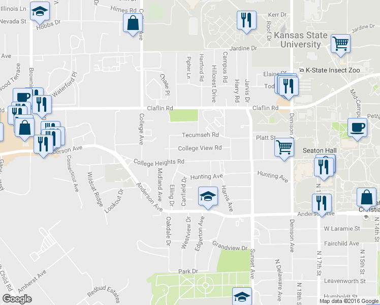 map of restaurants, bars, coffee shops, grocery stores, and more near 2059 College View Road in Manhattan