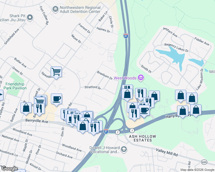 map of restaurants, bars, coffee shops, grocery stores, and more near 206 Stratford Drive in Winchester