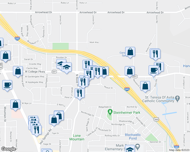 map of restaurants, bars, coffee shops, grocery stores, and more near 900 East College Parkway in Carson City
