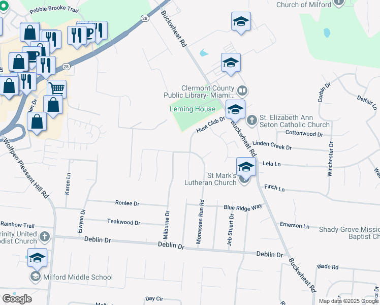 map of restaurants, bars, coffee shops, grocery stores, and more near Hunt Club Drive in Milford