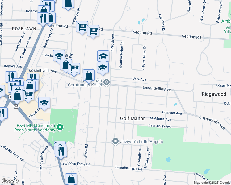 map of restaurants, bars, coffee shops, grocery stores, and more near 2315 Losantiville Avenue in Cincinnati