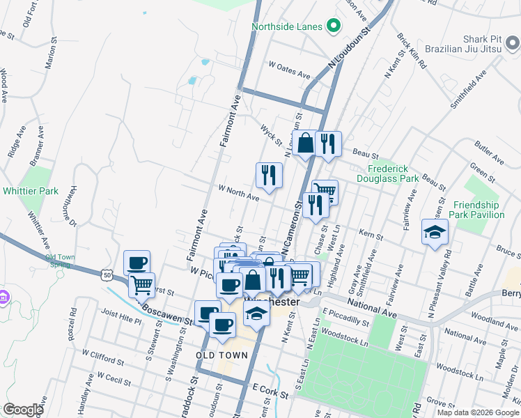 map of restaurants, bars, coffee shops, grocery stores, and more near 501 North Loudoun Street in Winchester