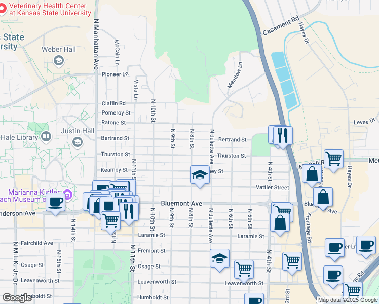 map of restaurants, bars, coffee shops, grocery stores, and more near 800 Thurston Street in Manhattan