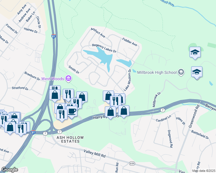 map of restaurants, bars, coffee shops, grocery stores, and more near 113 Pyramid Drive in Winchester