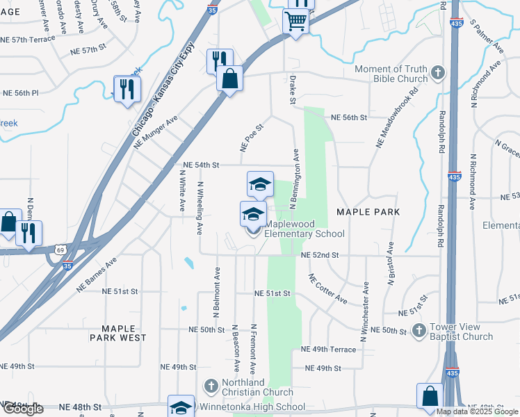 map of restaurants, bars, coffee shops, grocery stores, and more near 5300 North Bennington Avenue in Kansas City