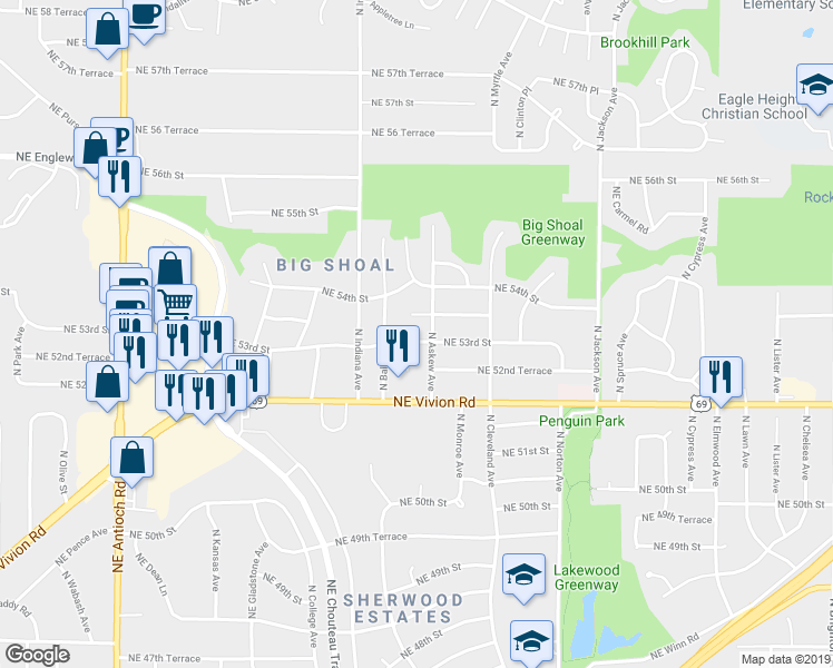 map of restaurants, bars, coffee shops, grocery stores, and more near 3527 Northeast 53 Terrace in Kansas City
