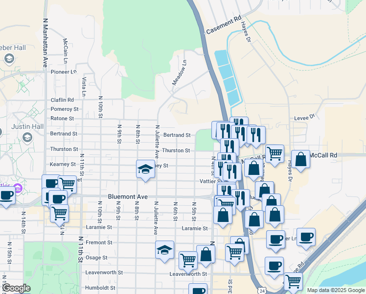 map of restaurants, bars, coffee shops, grocery stores, and more near 515 Bertrand Street in Manhattan