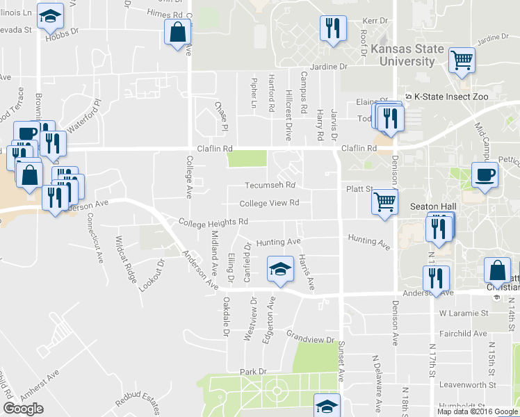 map of restaurants, bars, coffee shops, grocery stores, and more near 2059 College View Road in Manhattan