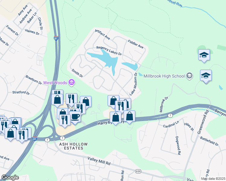 map of restaurants, bars, coffee shops, grocery stores, and more near 113 Pyramid Drive in Winchester