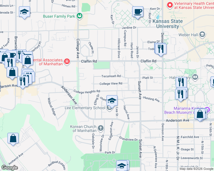 map of restaurants, bars, coffee shops, grocery stores, and more near 2058 College View Road in Manhattan